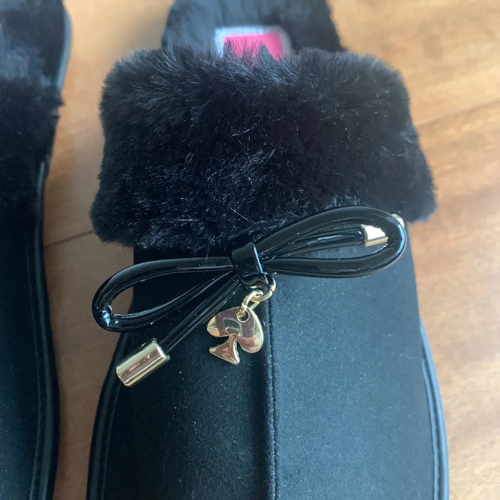 Kate Spade Lacey Textile Faux Fur Slippers Black 7B (US) 37.5 (EU)